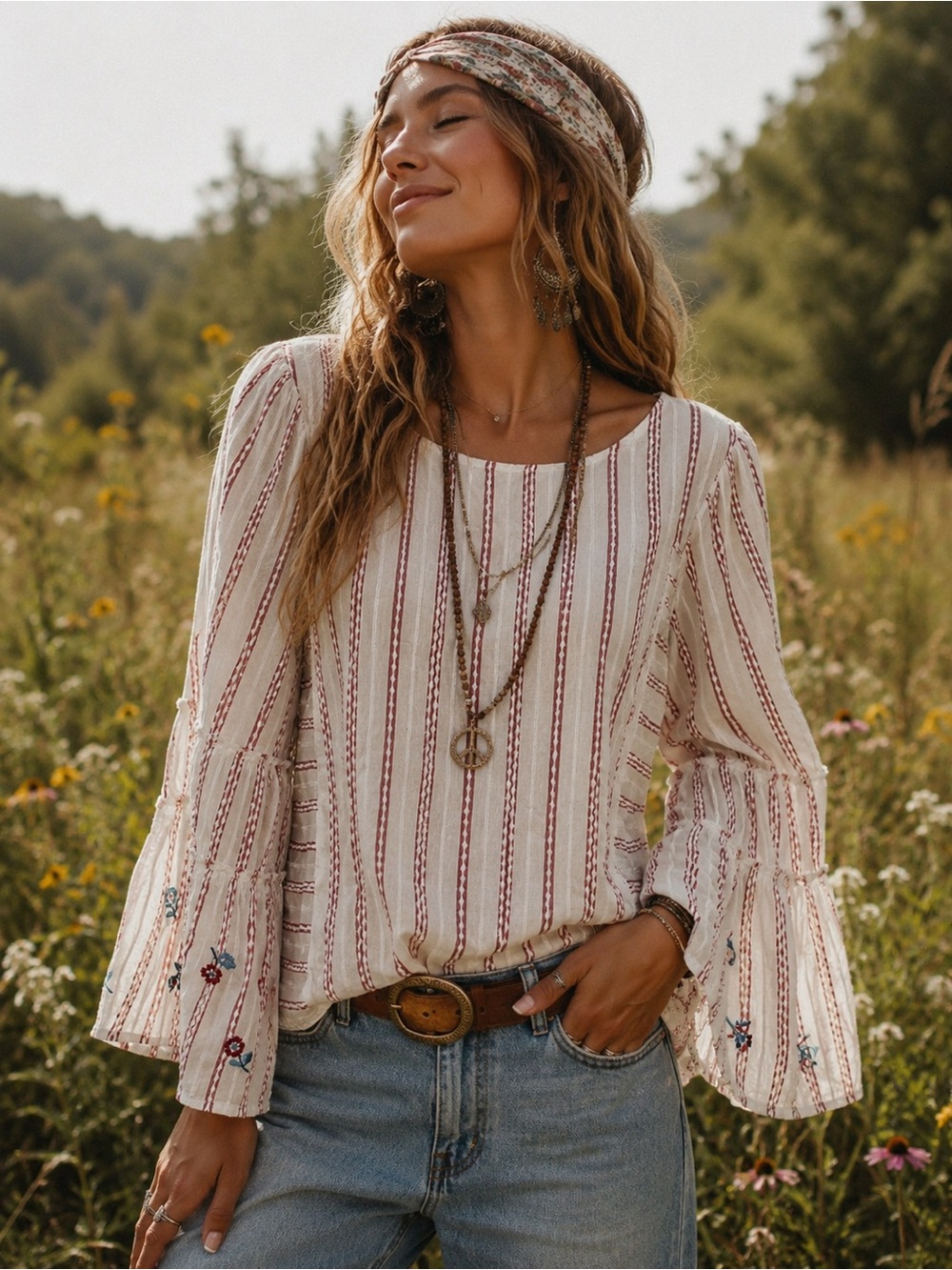 Vince Camuto Boho Chic Cream Striped Peasant Top 100% Cotton Flare Sleeves Small